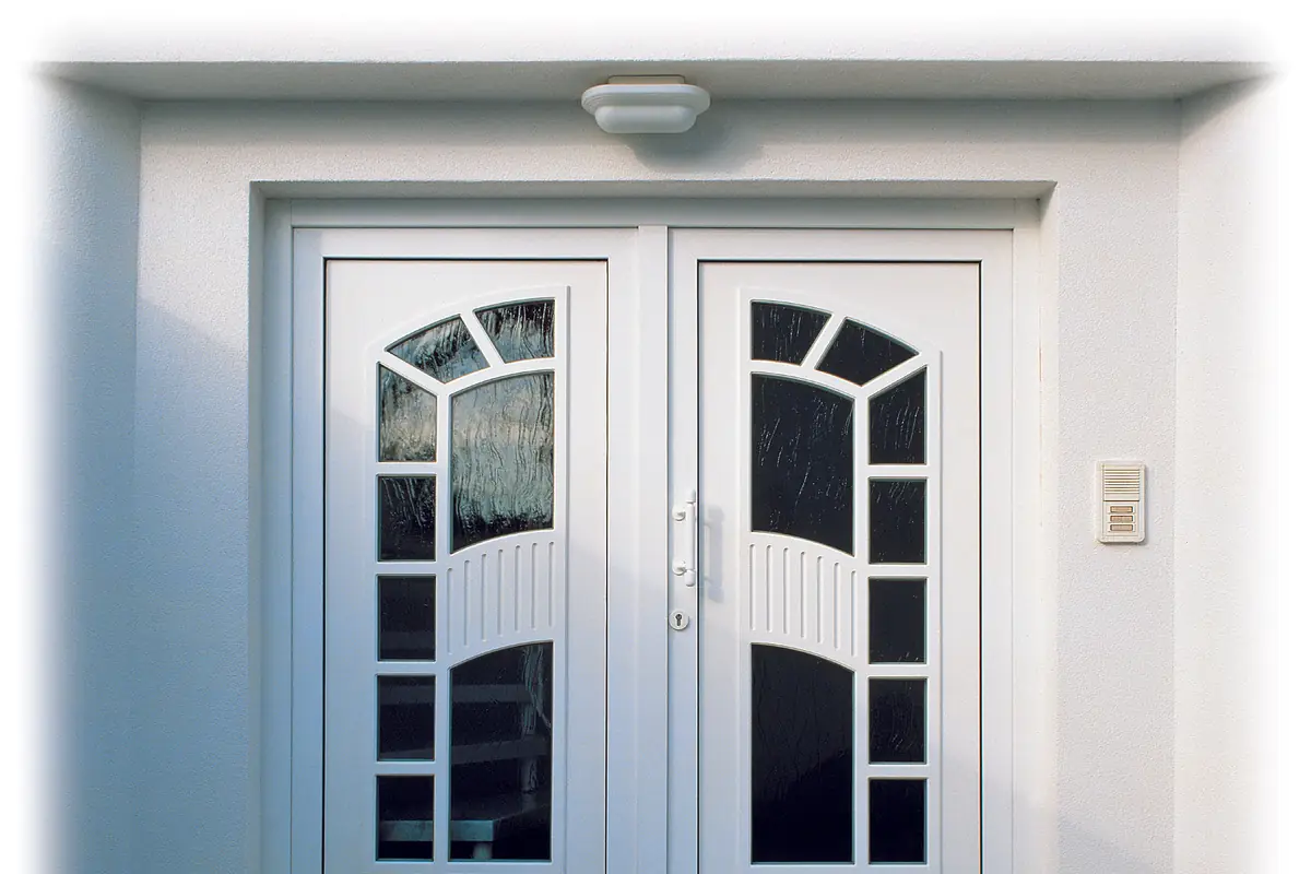 White double entrance door with decorative glazing