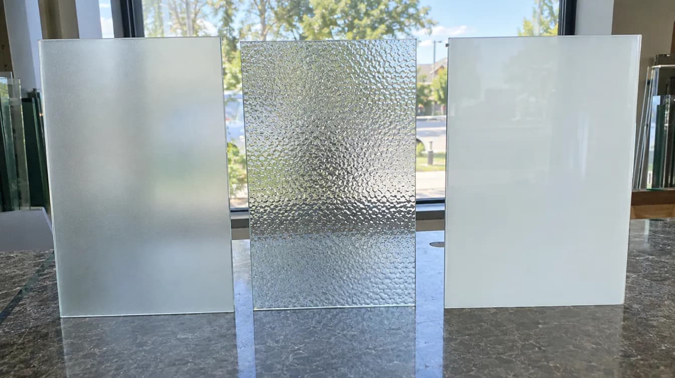 Muestras de vidrio translúcido con distintas texturas: al ácido, impreso y laminado mate