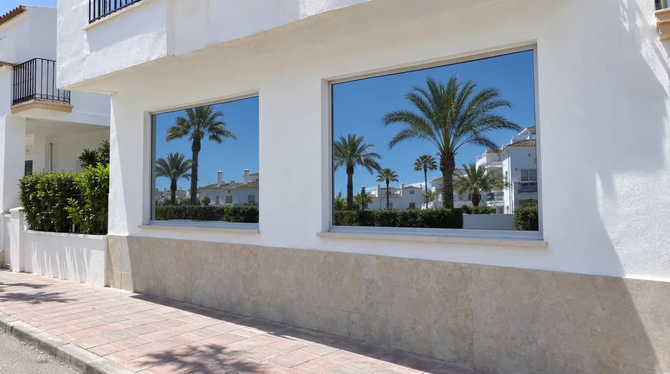 Fachada de un bajo con ventanas de vidrio reflectante que de día devuelven la imagen de la calle