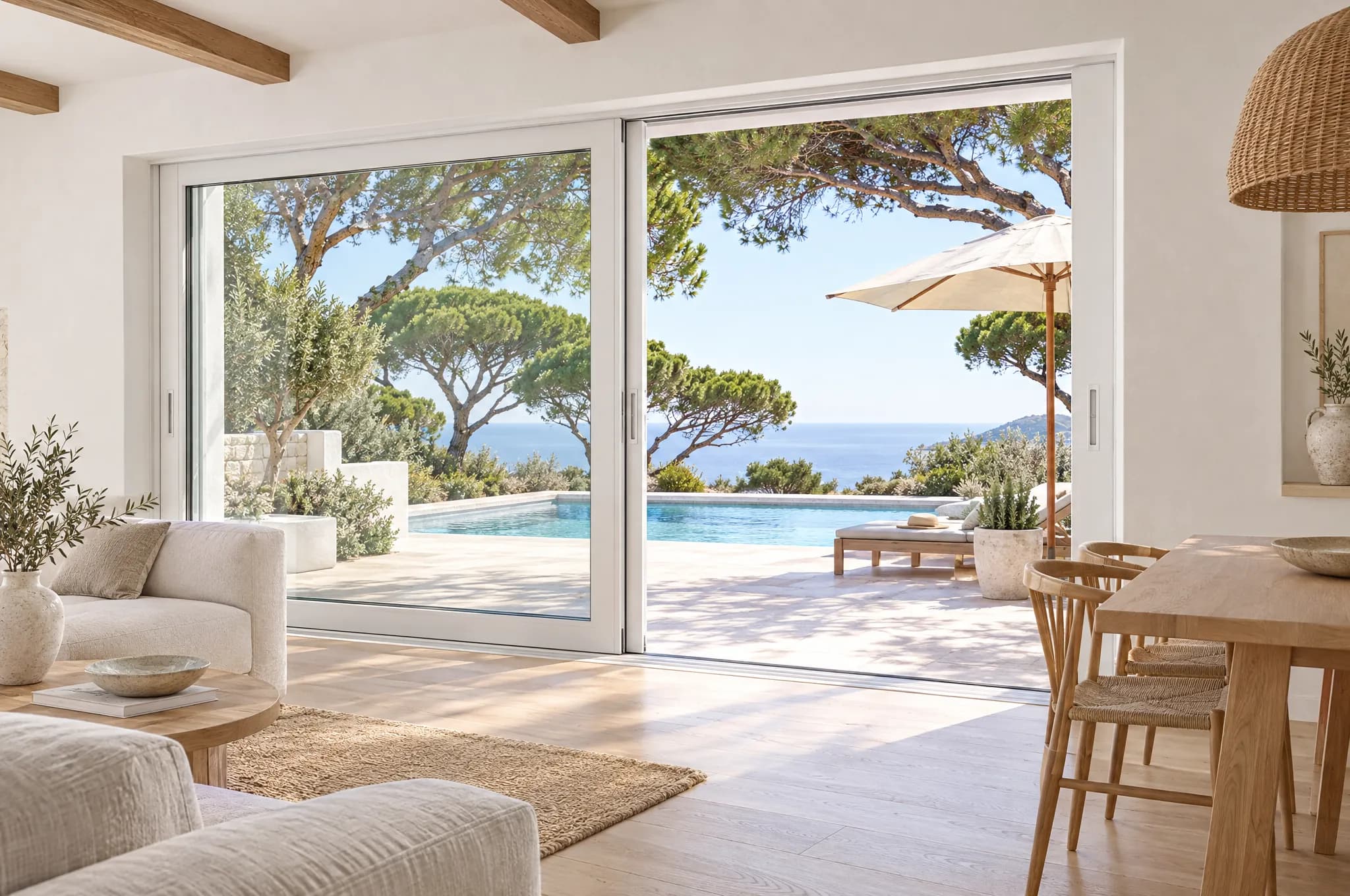 Imagen ilustrativa. Salón comedor abierto a una terraza con piscina, entre pinos y con el mar al fondo.