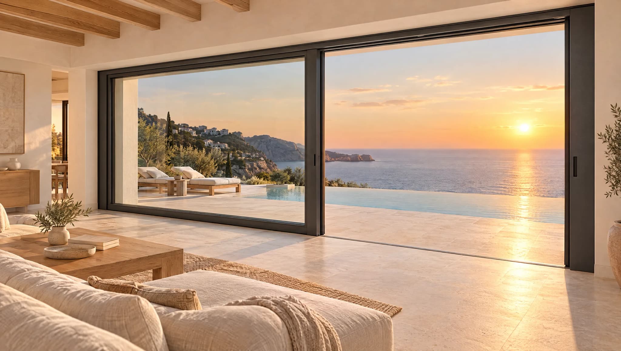 Villa en ladera frente al mar al atardecer, con una corredera elevable de gran formato abierta entre el salón y la terraza