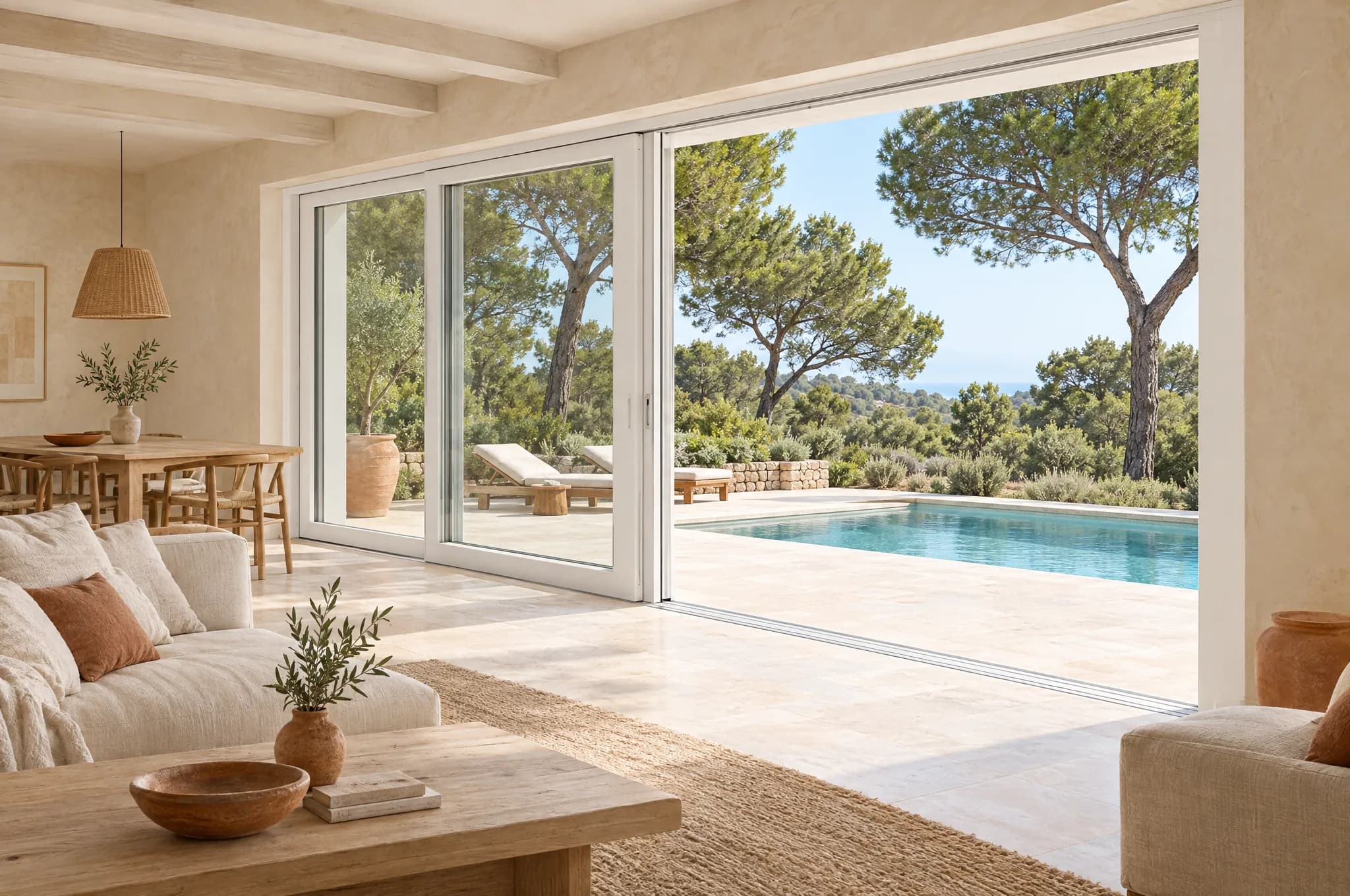Imagen ilustrativa. Salón abierto a la piscina con una corredera elevable de gran formato.