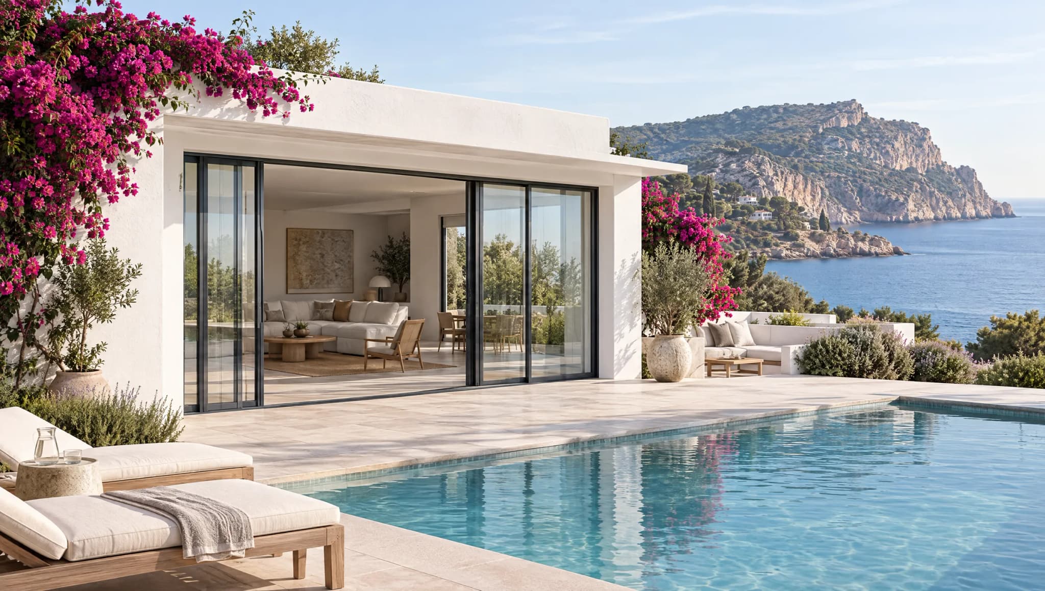 Villa blanca con buganvillas y piscina, con la corredera abierta y una bahía con un cabo al fondo