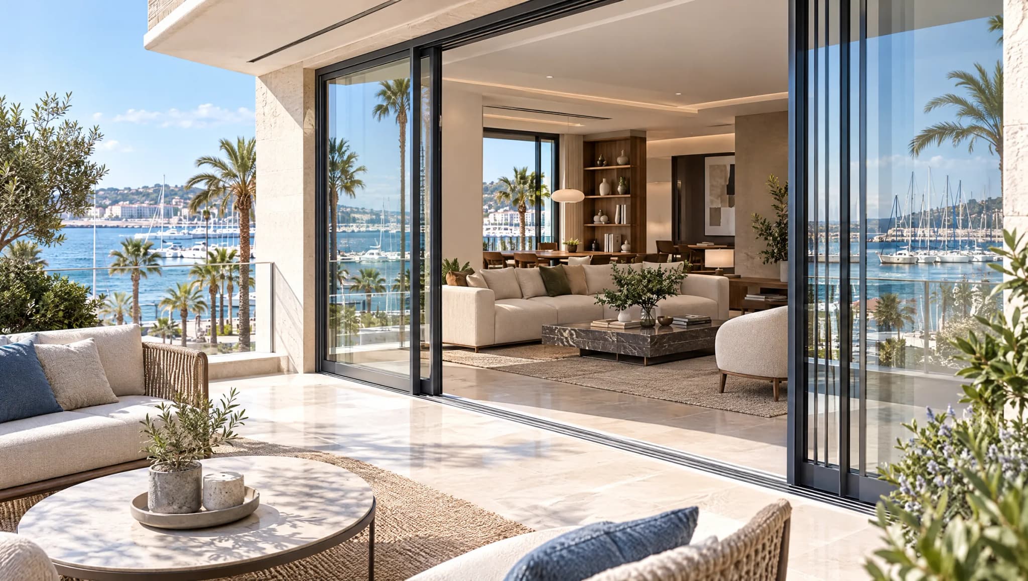 Seafront apartment terrace with the sliding door open to the living room, a marina and palms beyond