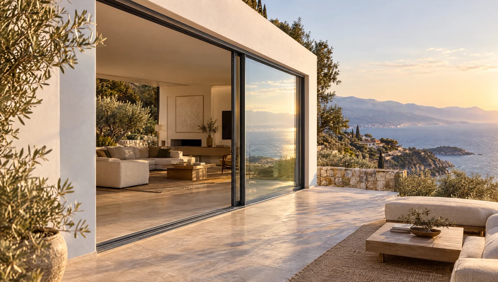 Salón de una villa en ladera abierto con una gran corredera a una terraza con vistas a la costa al atardecer