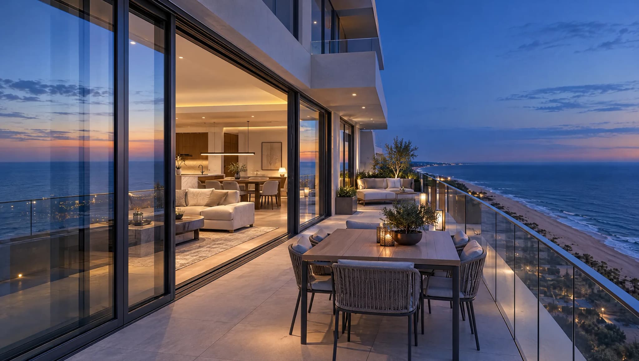Terraza de un piso alto a la hora azul, con la corredera elevable abierta al salón iluminado y el mar debajo