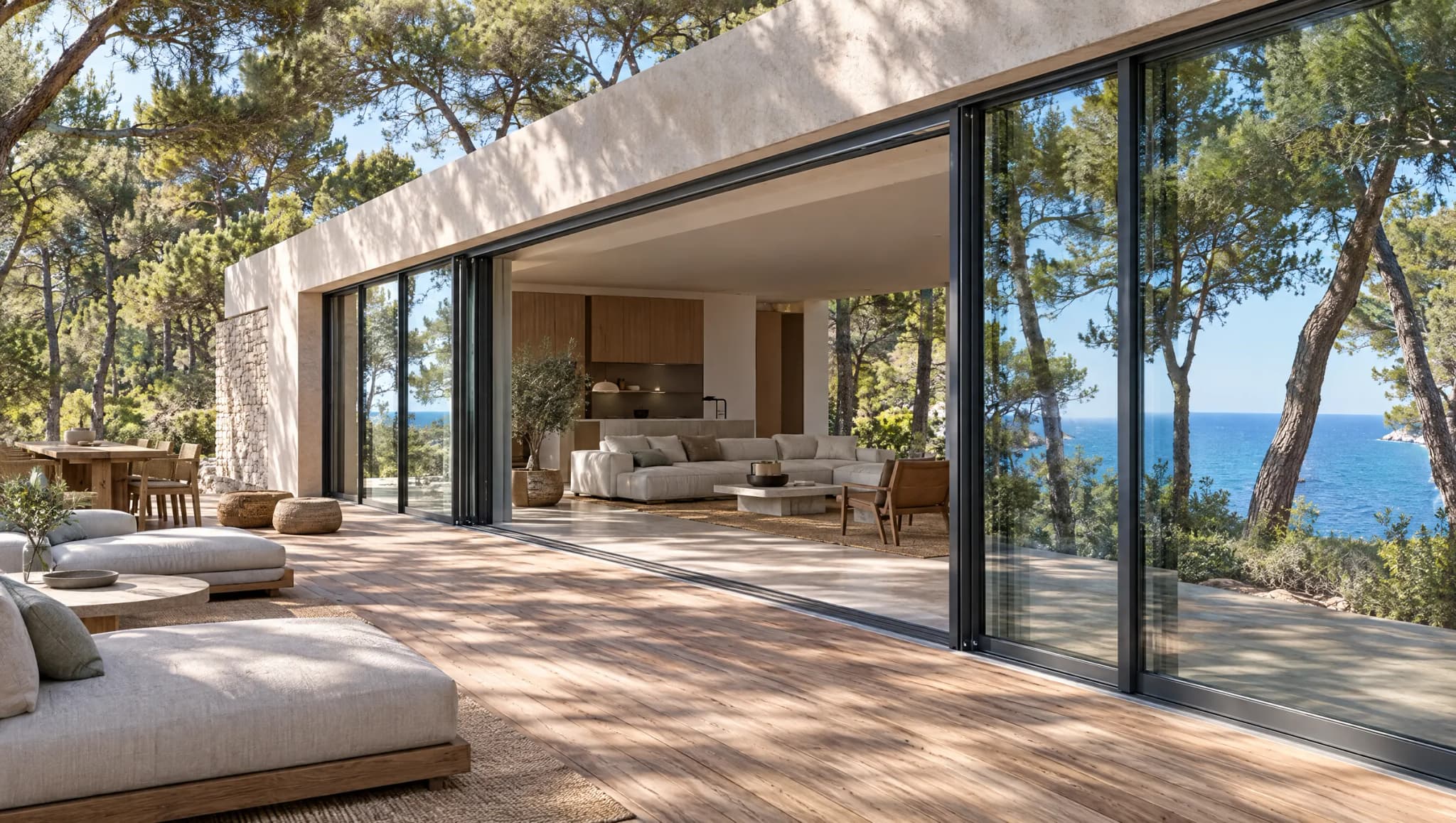 Villa entre pinos con una corredera elevable abierta a una terraza de madera con el mar entre los árboles