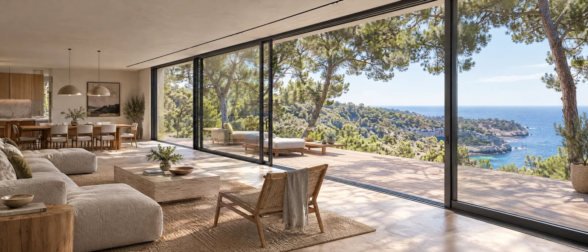 Salón y comedor entre pinos abiertos con una corredera elevable a una terraza de madera sobre una costa de calas