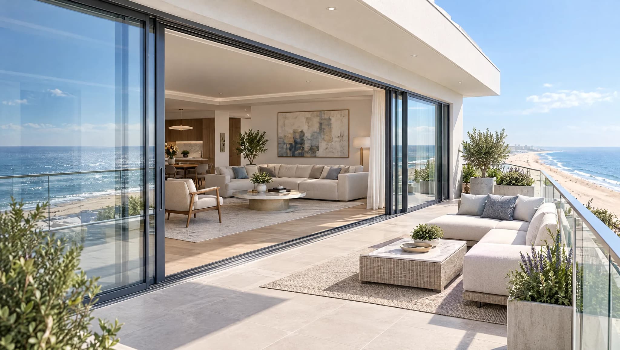 Terraza de un ático frente a una playa larga con la corredera elevable abierta al salón