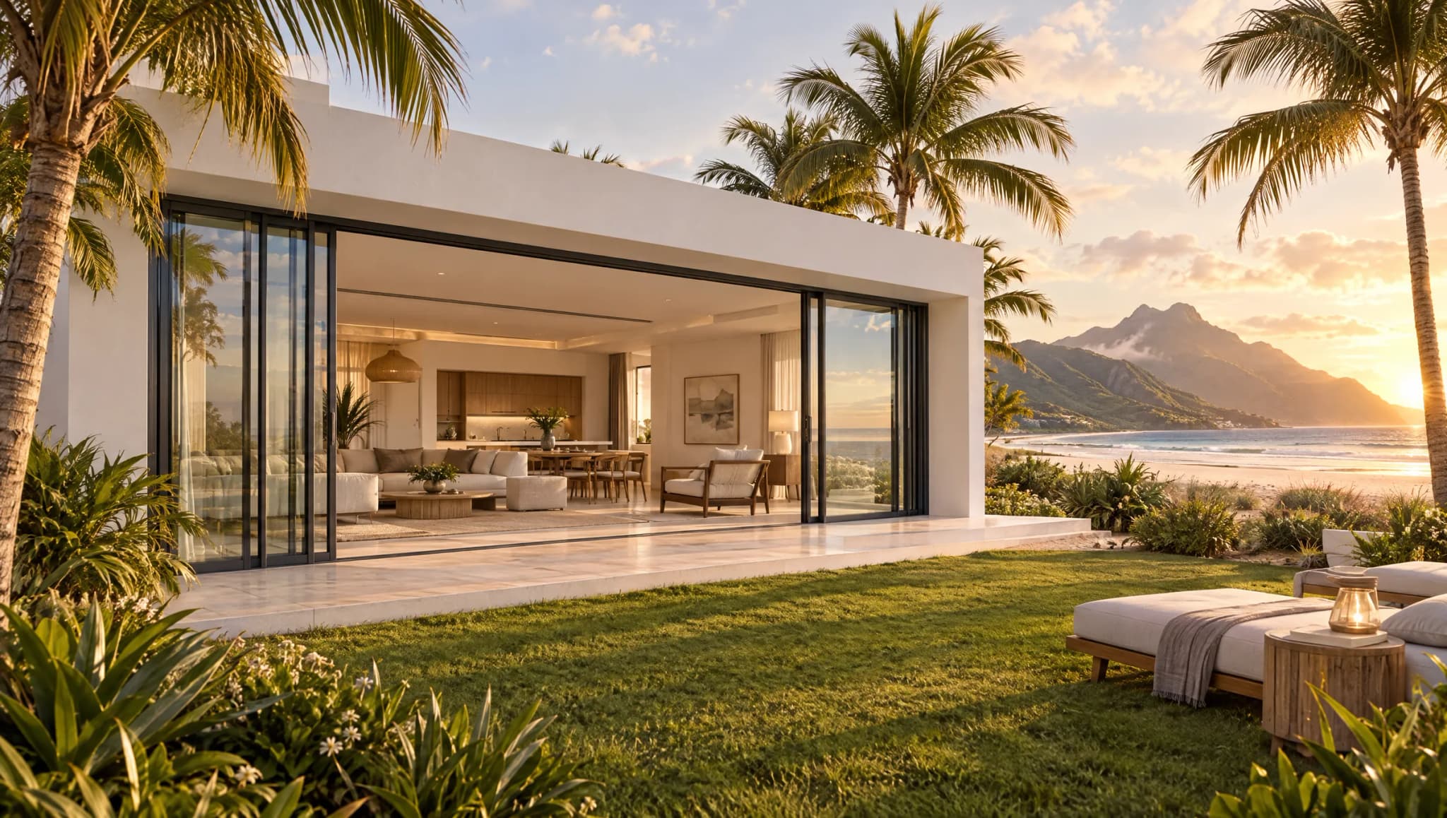 Villa blanca de una planta con jardín y palmeras, con la corredera abierta frente a la playa y la montaña al fondo