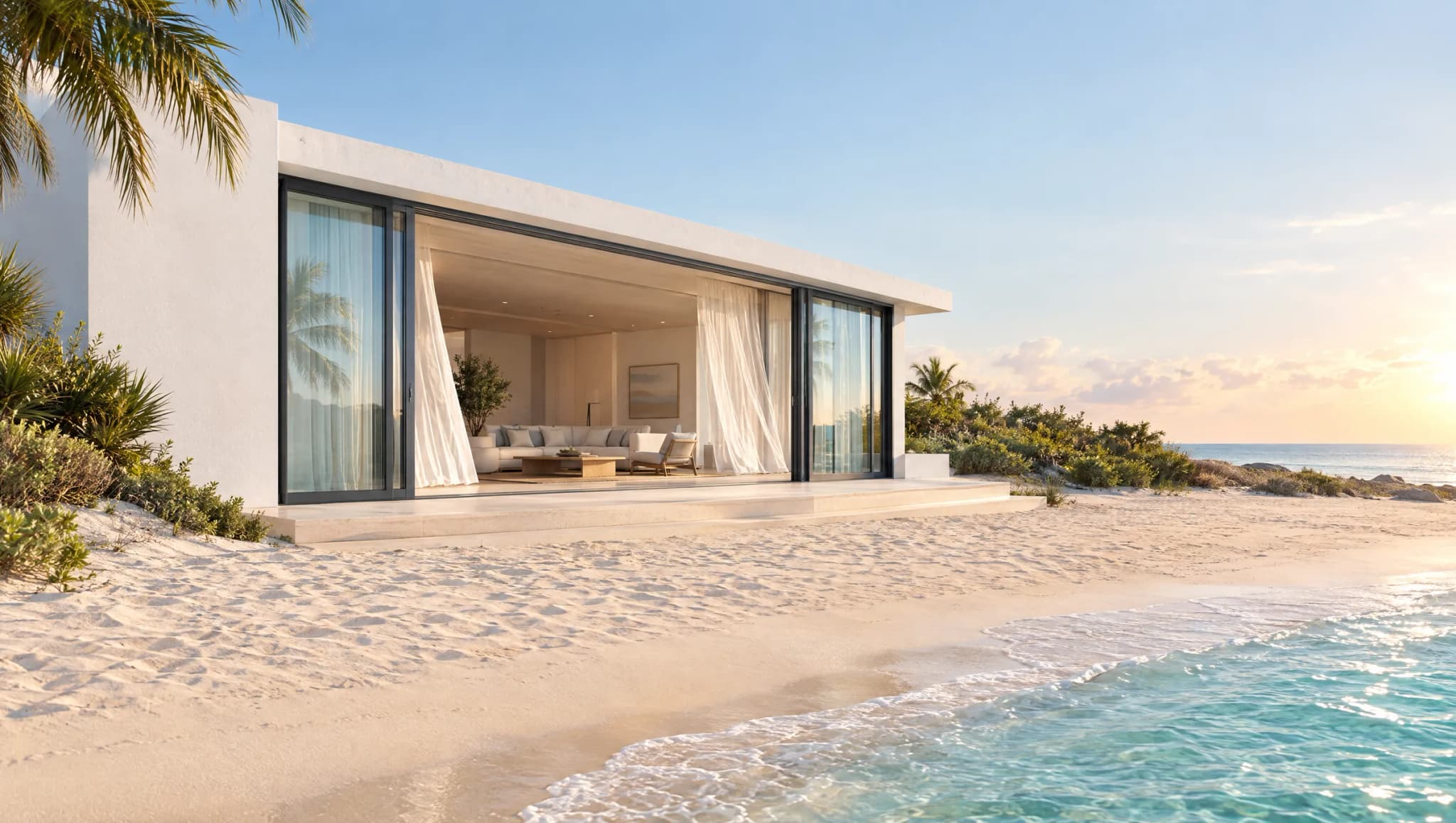 Casa baja a pie de playa con una corredera elevable abierta directamente a la arena y al mar