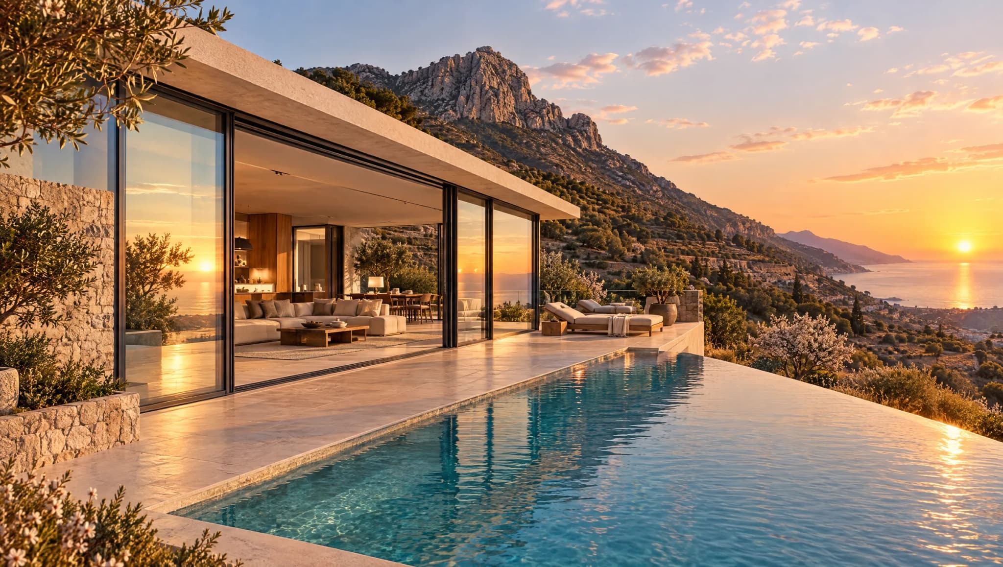 Hillside villa with a sliding glass wall over an infinity pool at sunset, a rocky mountain behind