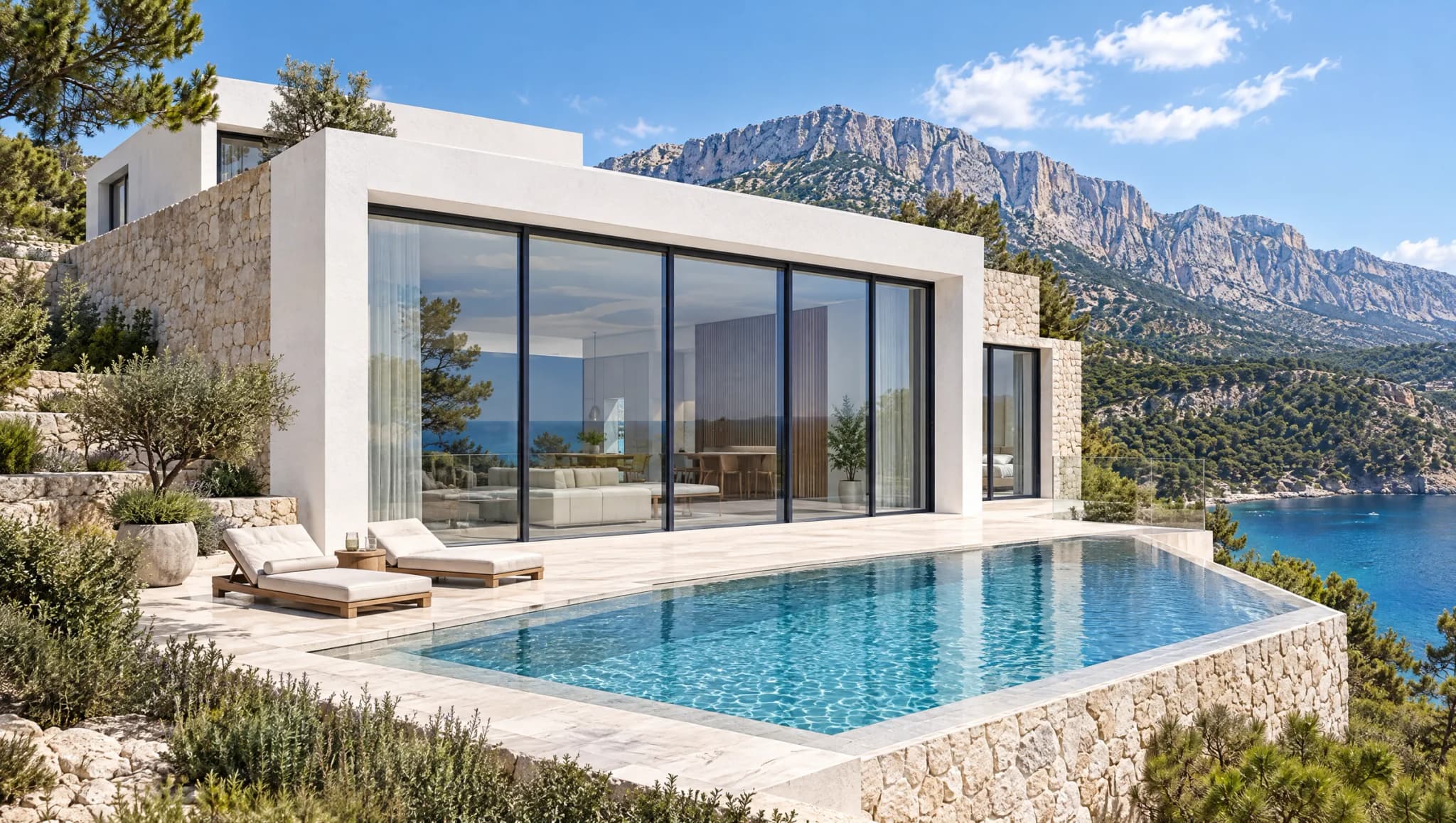 Villa de piedra y revoco blanco con un gran frente acristalado sobre una piscina, con montaña y bahía al fondo