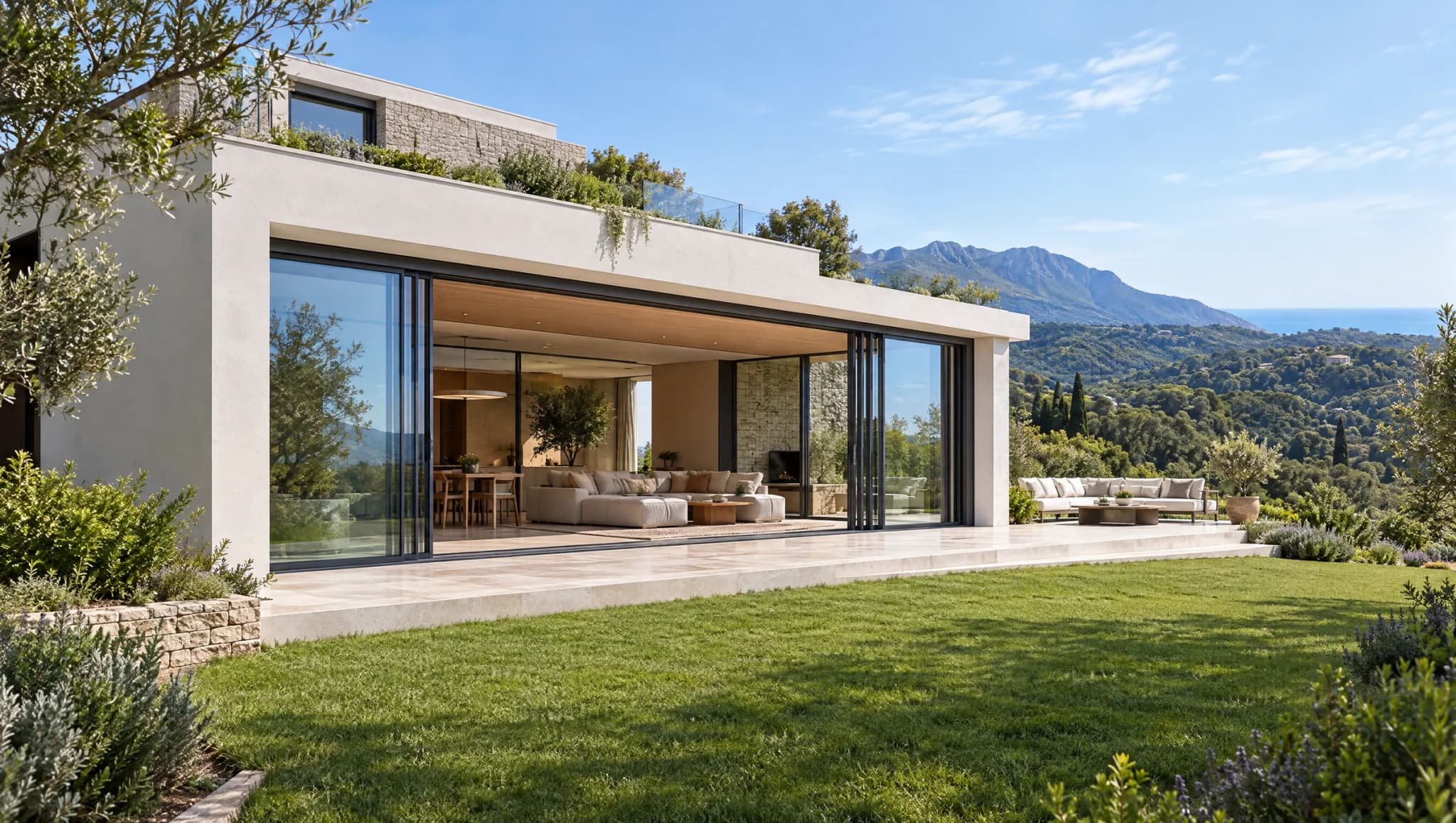 Villa with a lawn on a green hillside, the lift and slide door open and mountains and distant sea behind