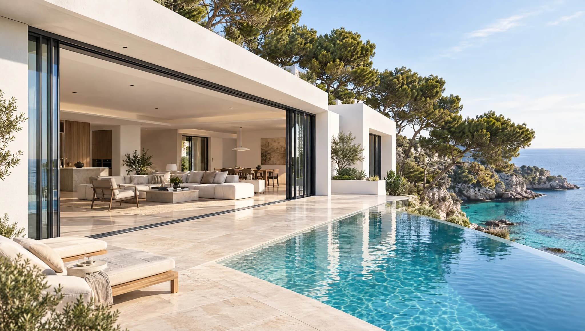 Villa blanca entre pinos con una corredera elevable abierta a una piscina desbordante sobre una cala
