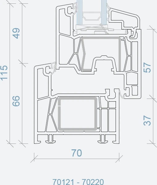 Technical cross-section drawing of the KÖMMERLING Xtrem 70AD profile with dimensions