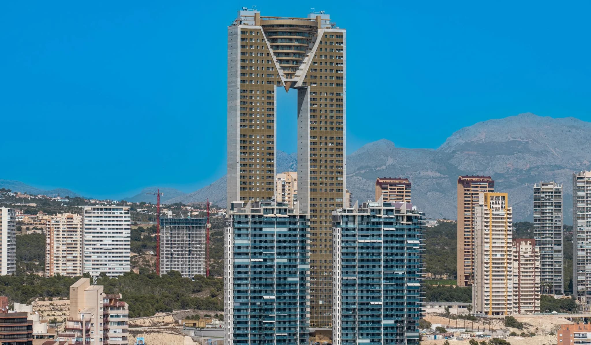 Benidorm skyline with the Intempo tower and the mountains behind